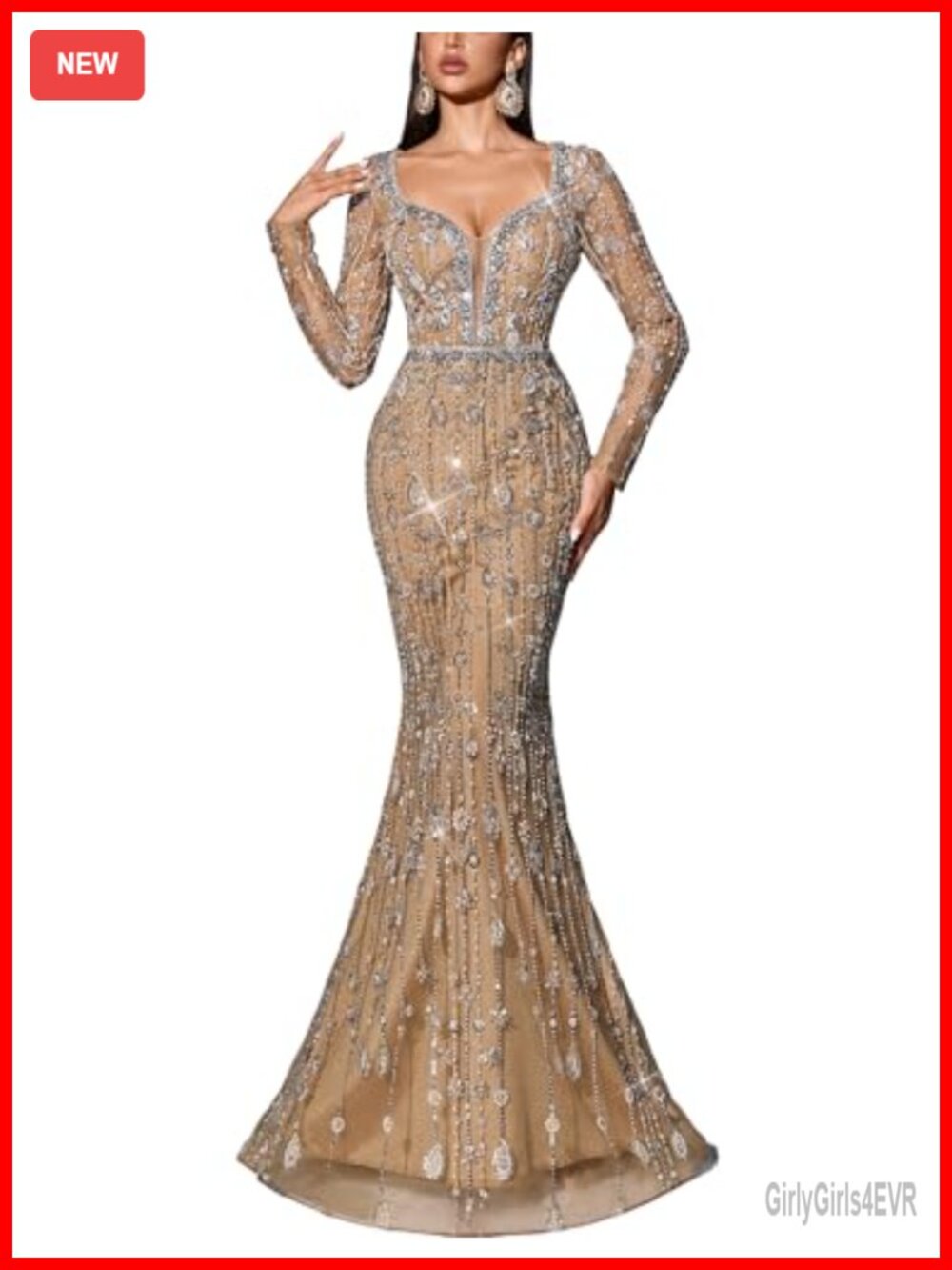 Sequin Beaded Mermaid Prom Dress Long Sleeve Evening Gown